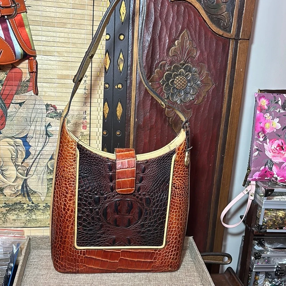 Brahmin Leather Bag Tricolor w Melbourne Croc Magnetic Snap Flap 10”x9.5”x3.5” - Picture 12 of 17